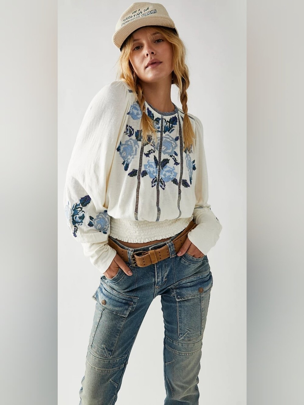 Free People Felicity Top Small Ivory Blue Embroidered Boho Blouse